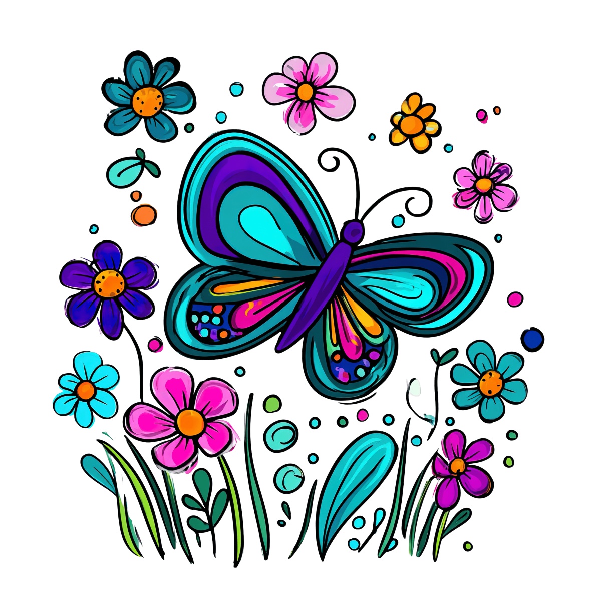 Butterfly with colorful wings surrounded by vibrant flowers on a black background.