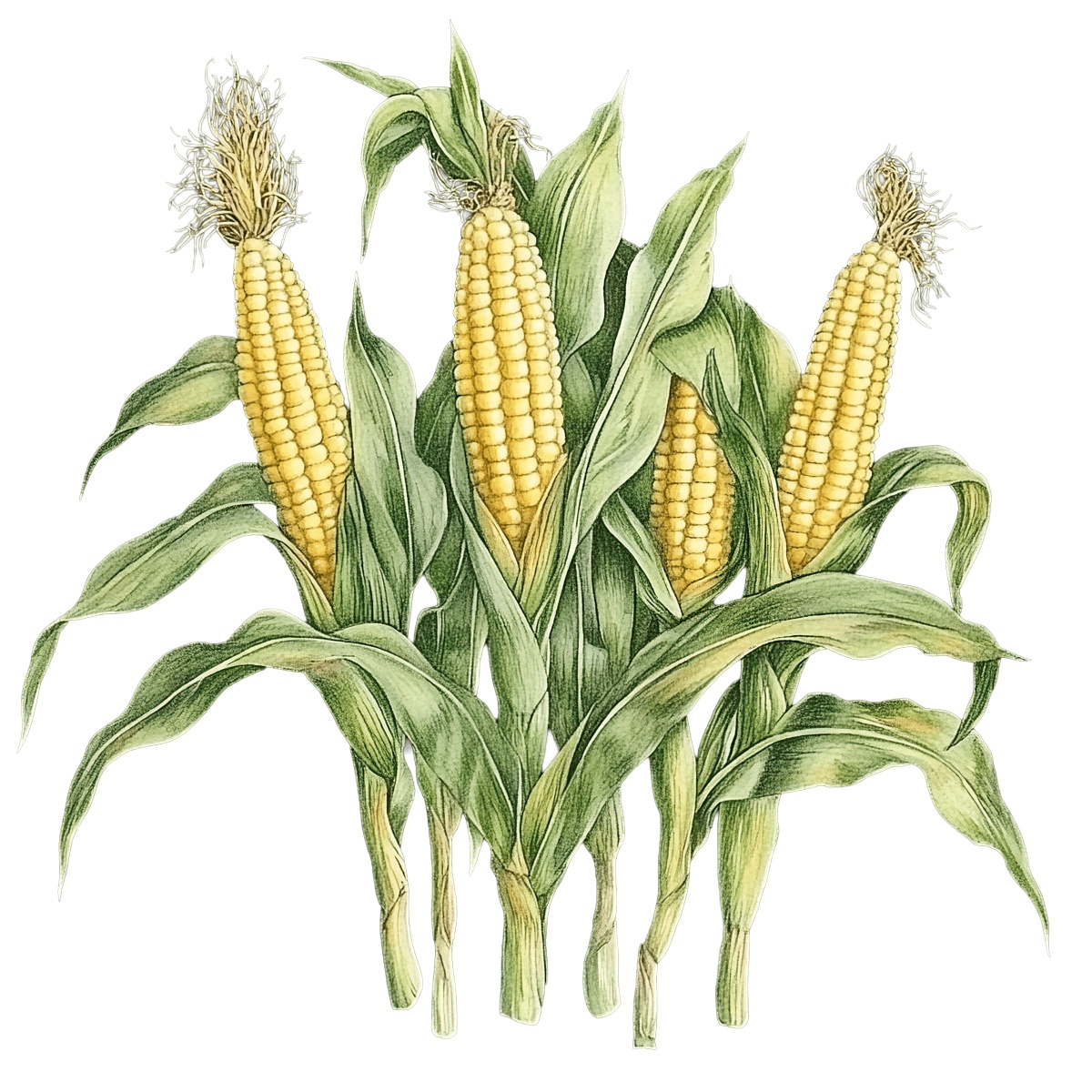 Corn stalks with ears and leaves.