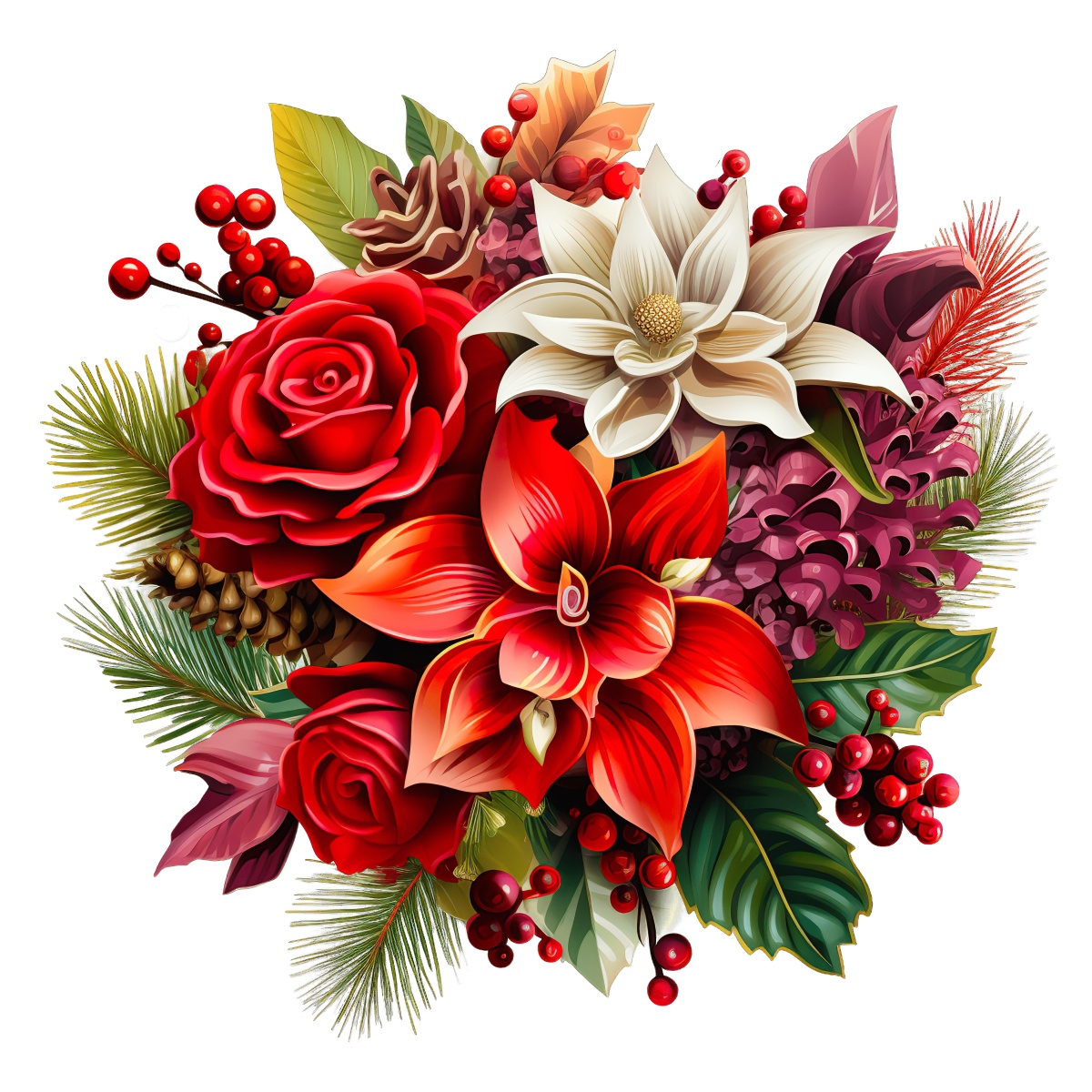Detailed floral arrangement with red roses, lilies, berries, and pinecones illustration.