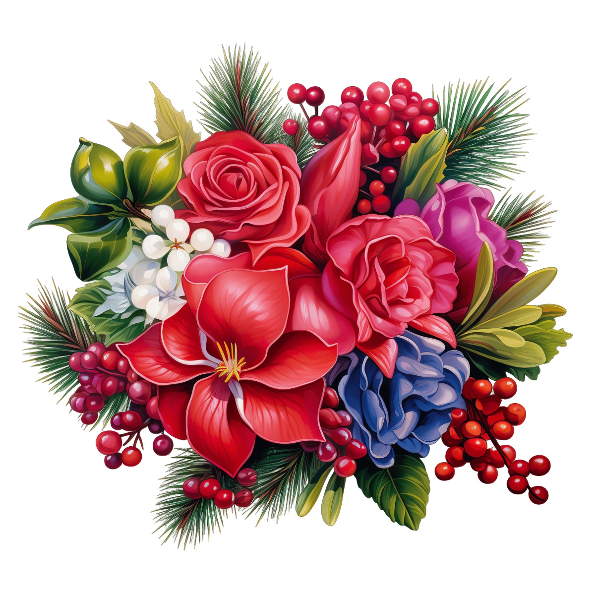 Illustrative floral arrangement with red roses, amaryllis, berries, and greenery.
