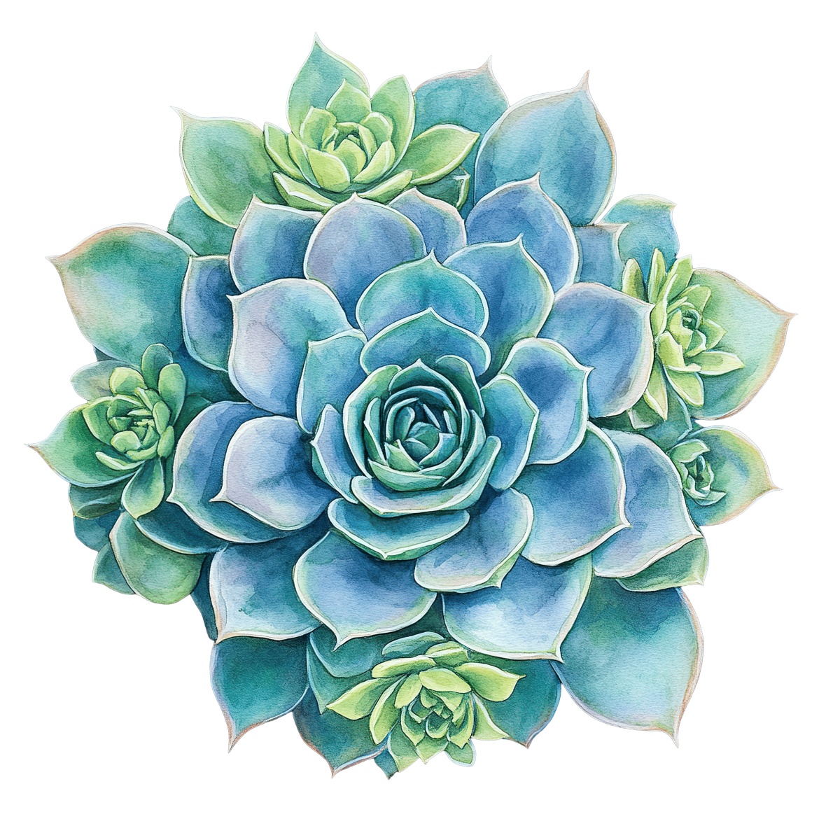 Green and blue succulent illustration with detailed clustered leaves on black background.