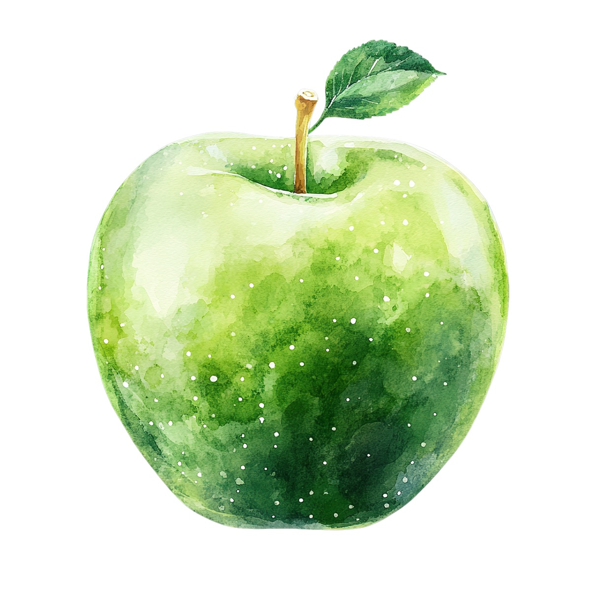 Watercolor green apple with a leaf.