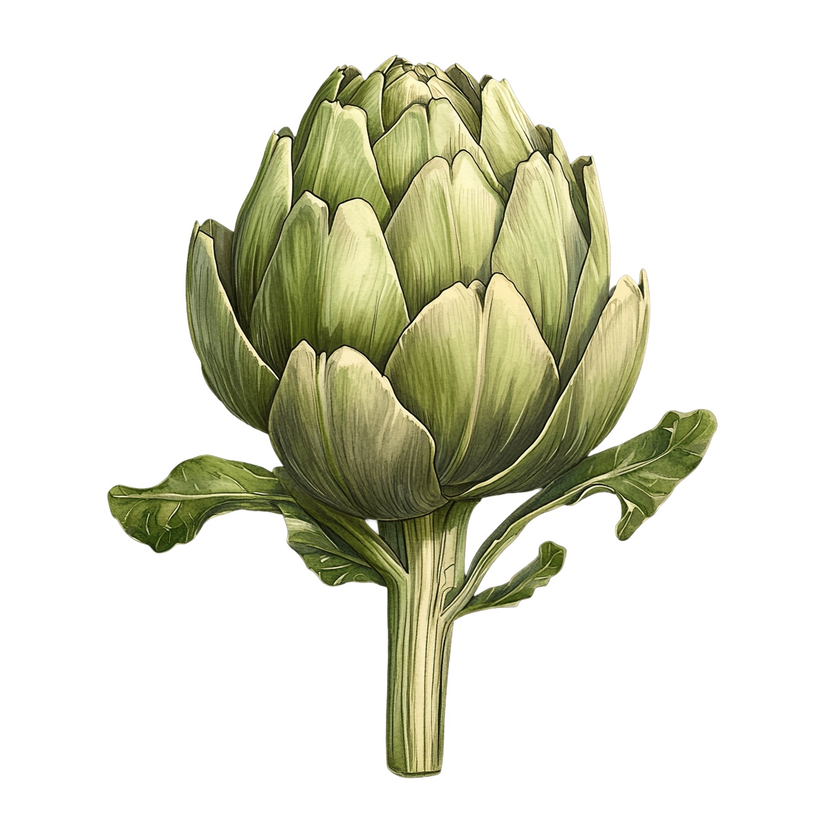 Artichoke with green leaves in detailed clipart style.