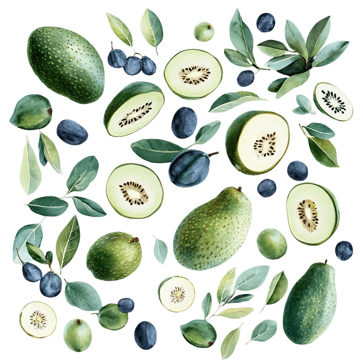 Assorted green and blue fruits with leaves.