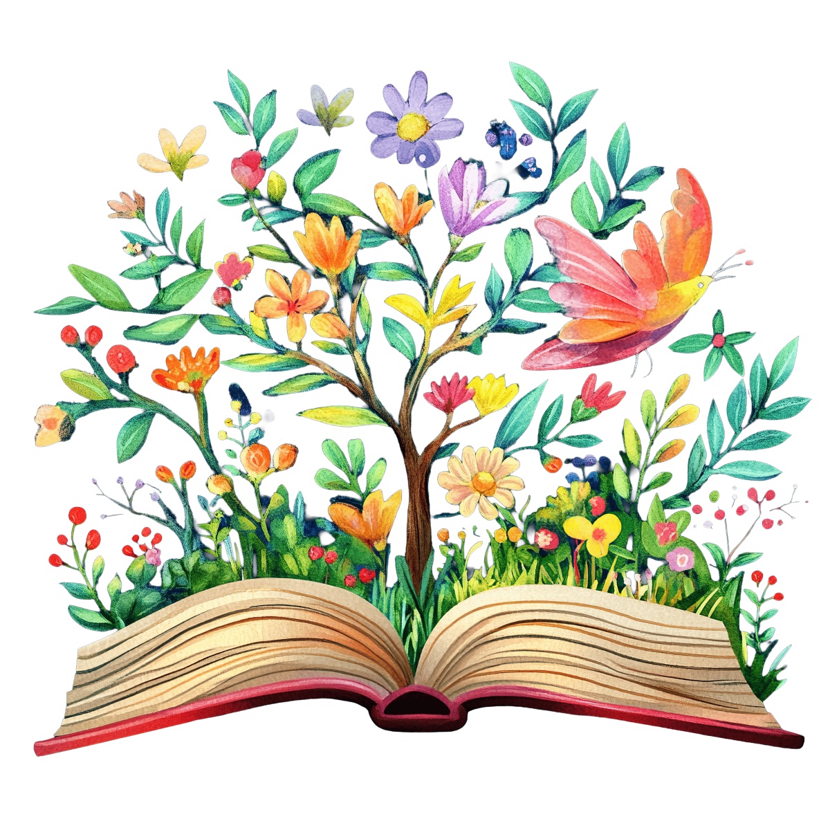Open book with colorful flowers and a butterfly on a black background.