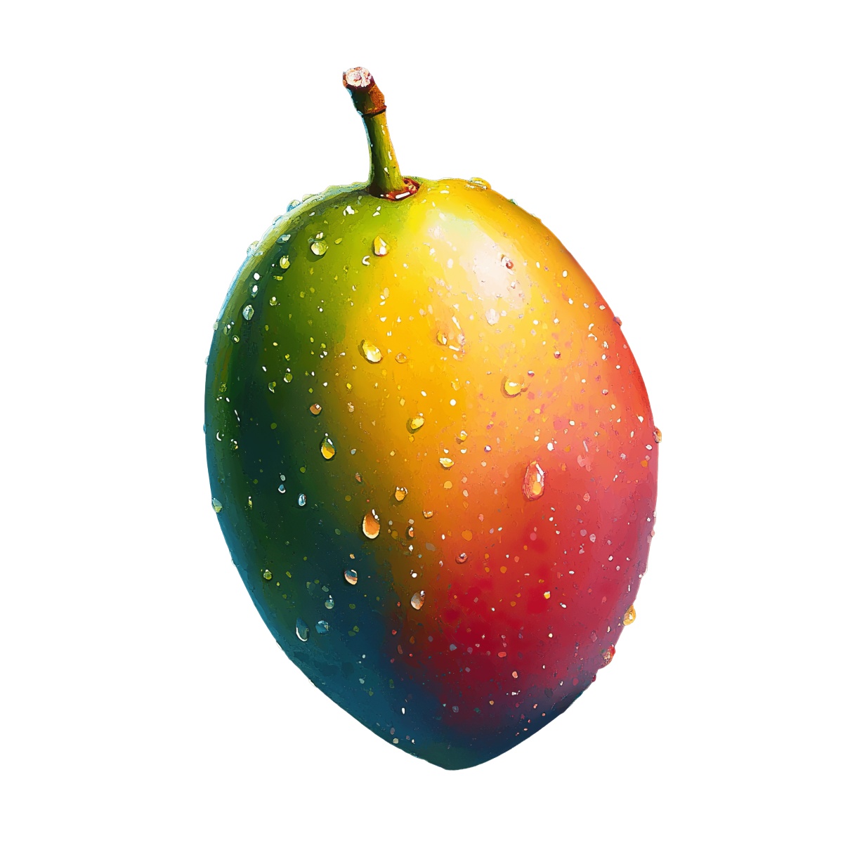 Mango with vibrant colors and water droplets on its surface.