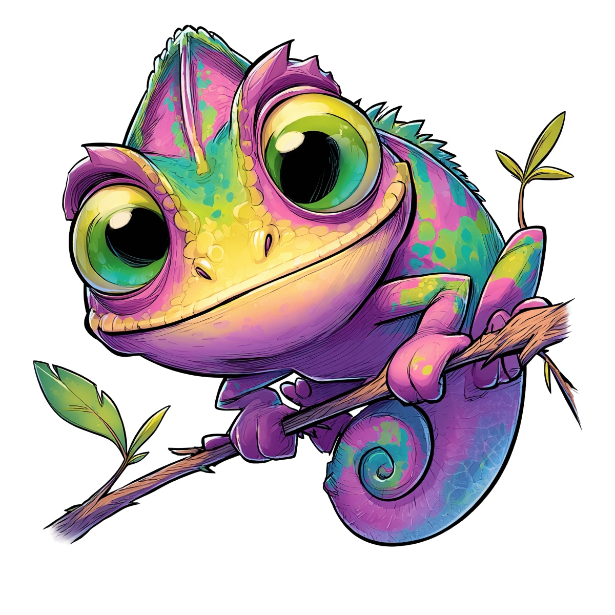 Colorful chameleon on a branch with leaves, displaying large eyes and detailed patterns.