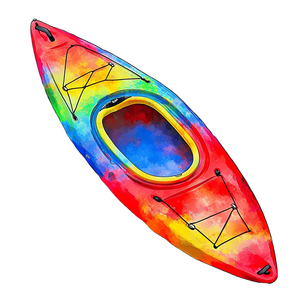 Vibrant multicolored kayak illustration with a rainbow pattern on black.