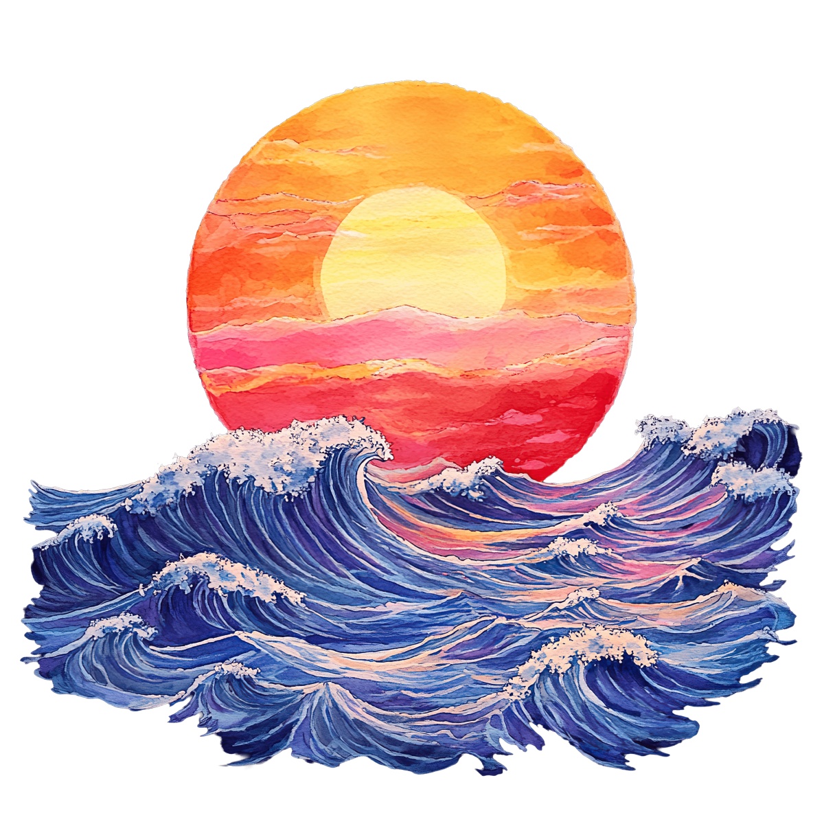 Vibrant ocean waves and colorful sunset with a bright sun in an illustration.
