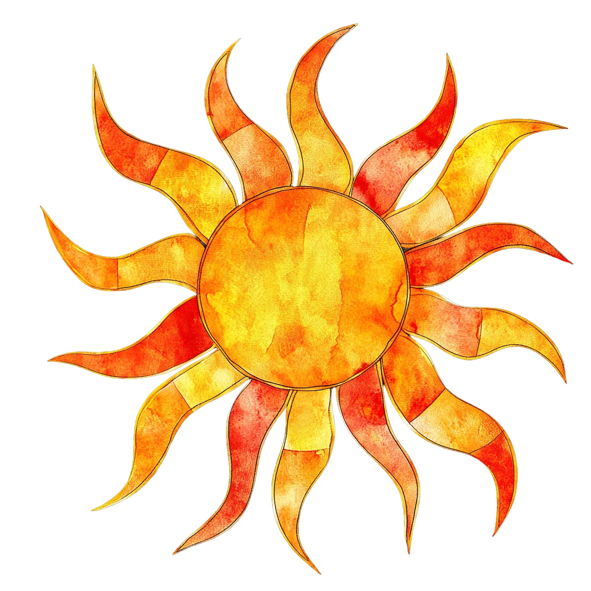 Bright orange and yellow sun illustration with wavy, radiating flames.