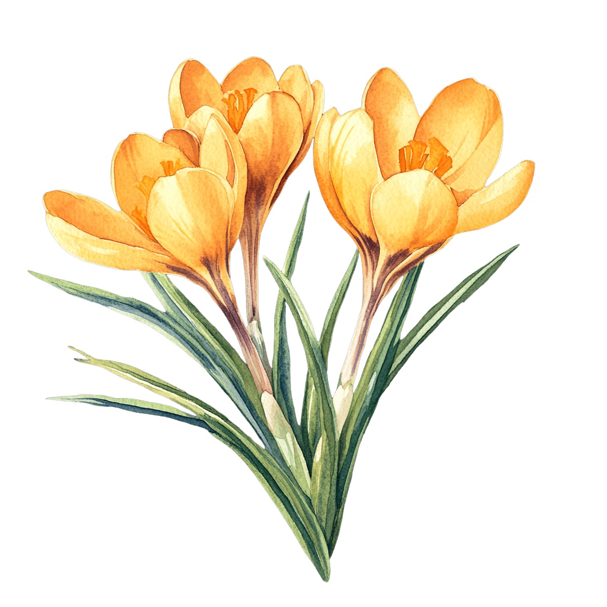 Orange crocus flowers with green leaves in detailed watercolor style.