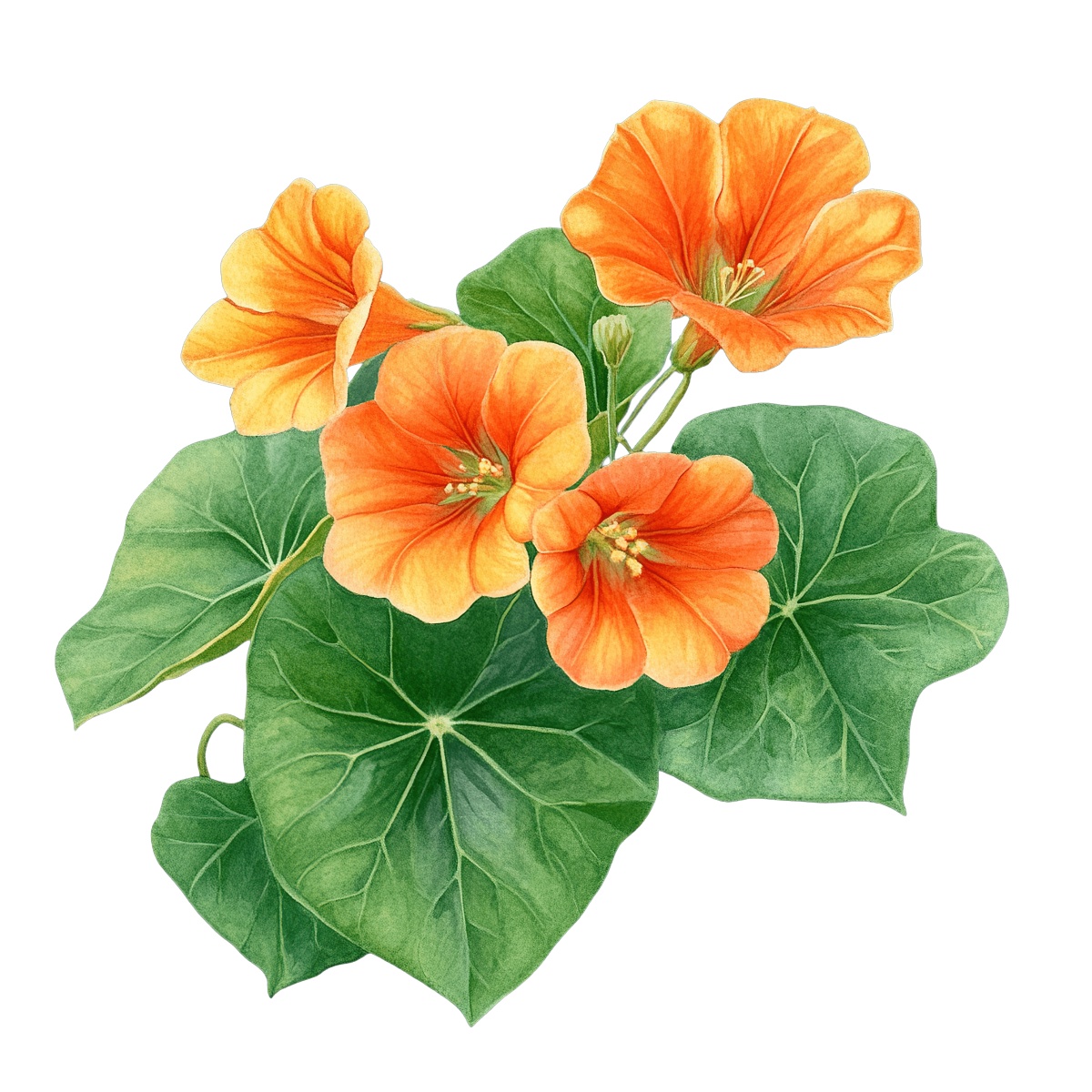 Illustration of orange nasturtium flowers with green leaves on a black background.