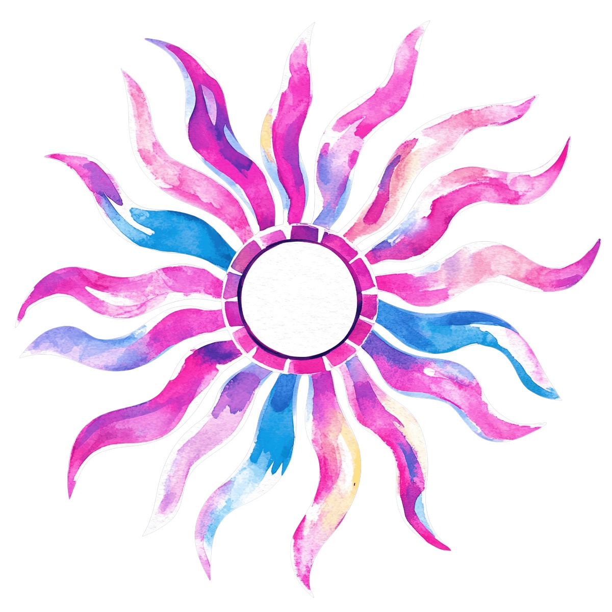 Watercolor pink and blue sun design with swirling rays on black background.