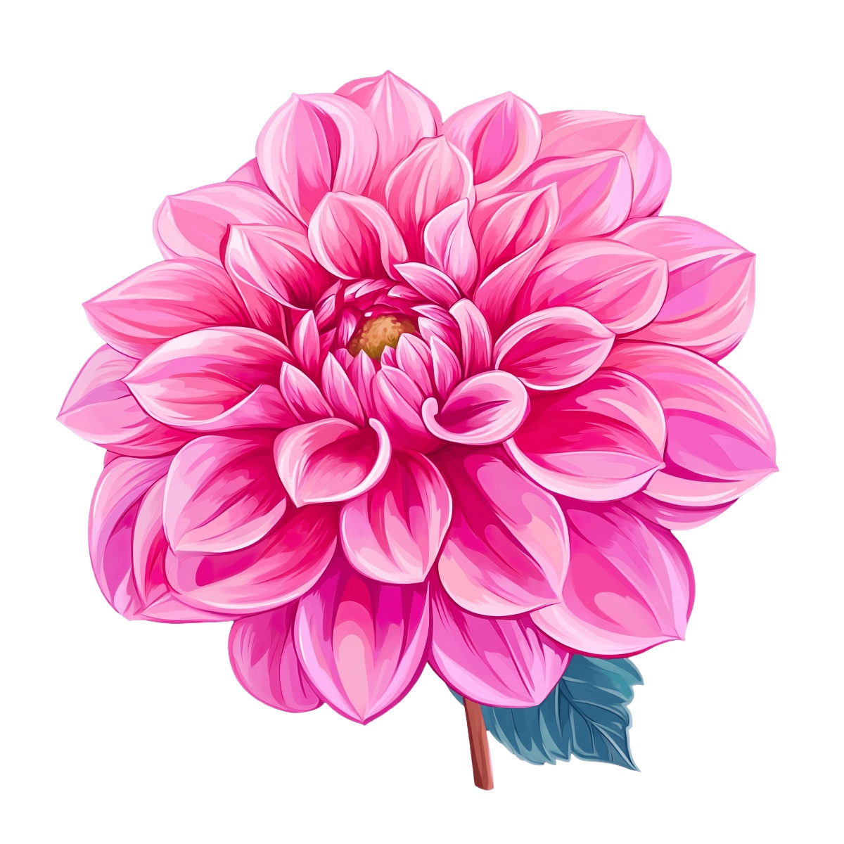 Pink dahlia flower with detailed petals and a green leaf.