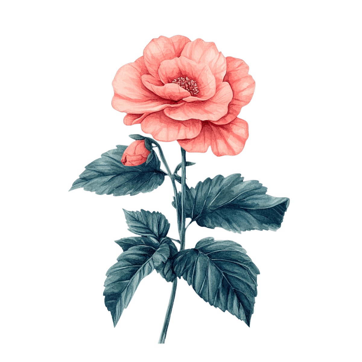 Pink flower and green leaves illustration on a black background.