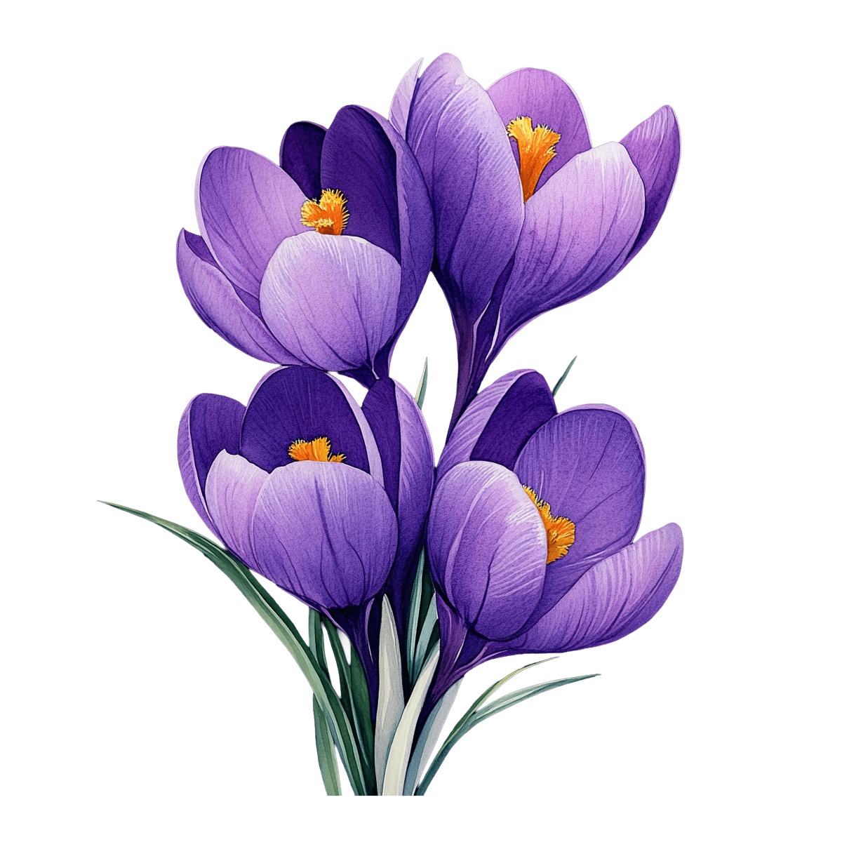 Purple crocus flowers with green leaves on a black background.
