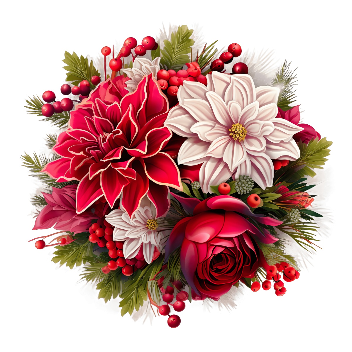 Red and white flowers with green leaves and clusters of red berries.