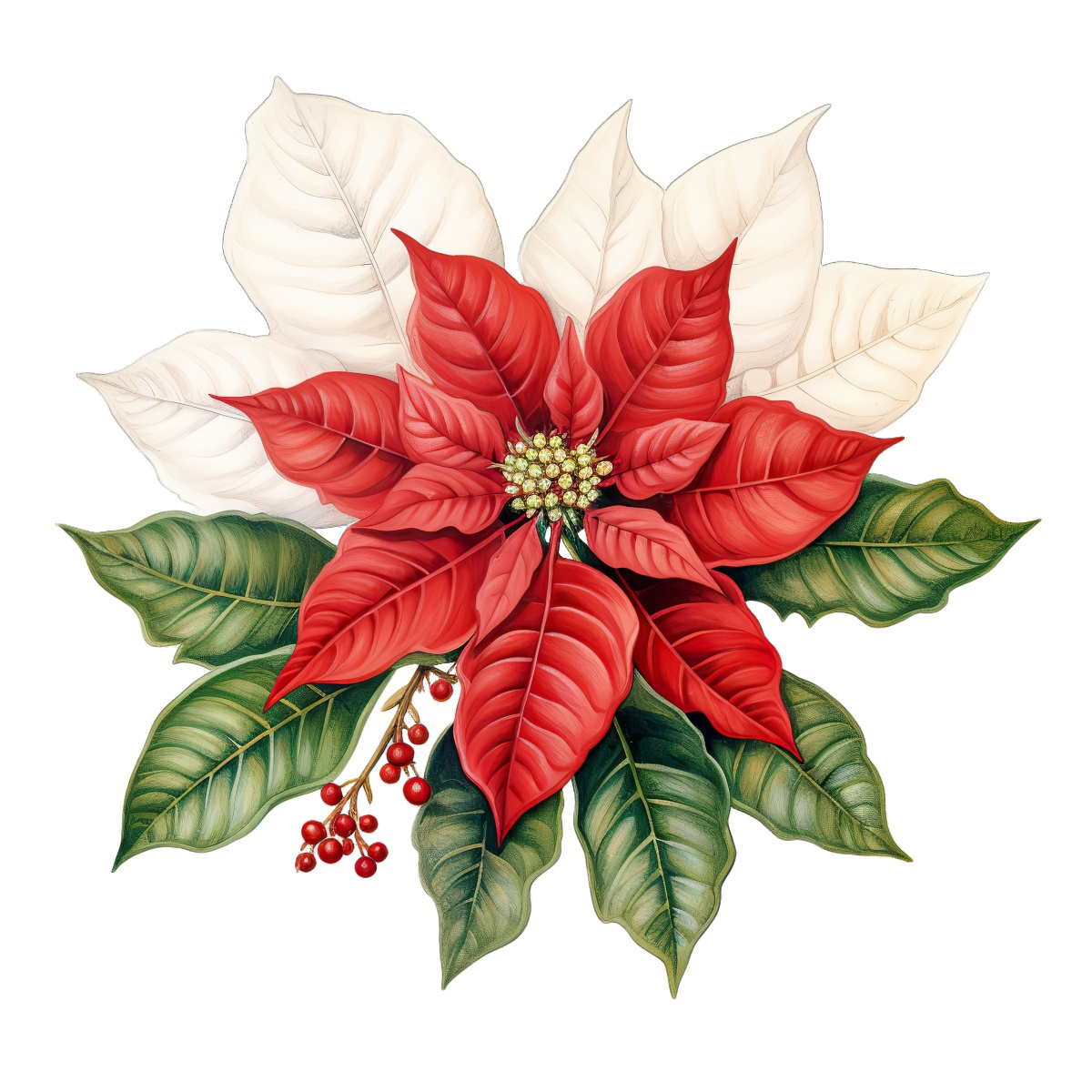Red and white poinsettia flower with green leaves and small berries.