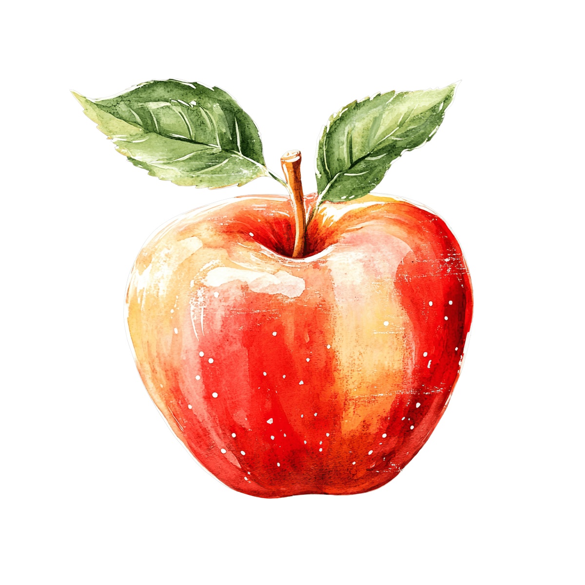 Red apple with green leaves on a black background.