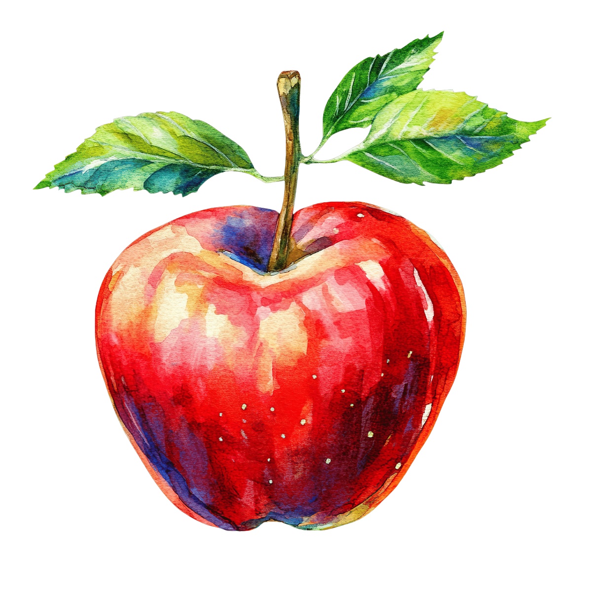 Watercolor red apple with green leaves.