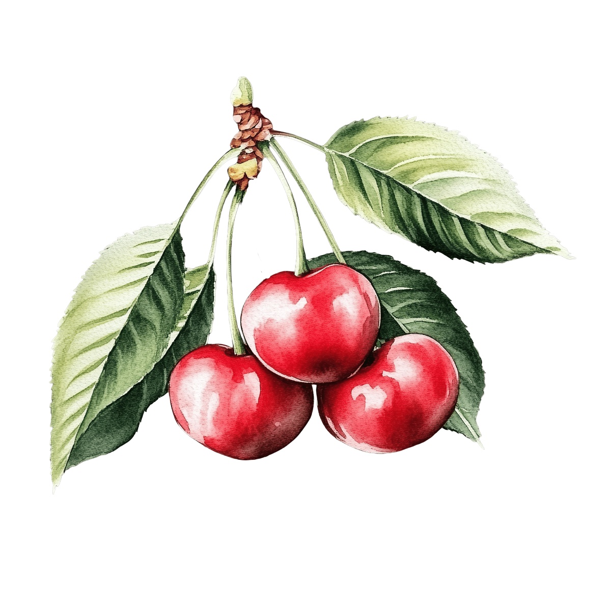Three red cherries with green leaves.