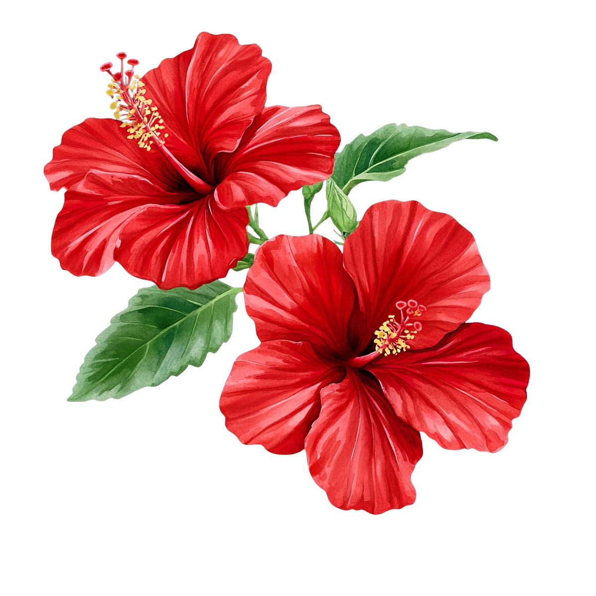 Red hibiscus flowers with green leaves.