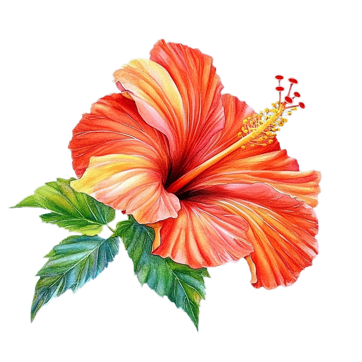 Red hibiscus flower with green leaves in detailed clipart style.
