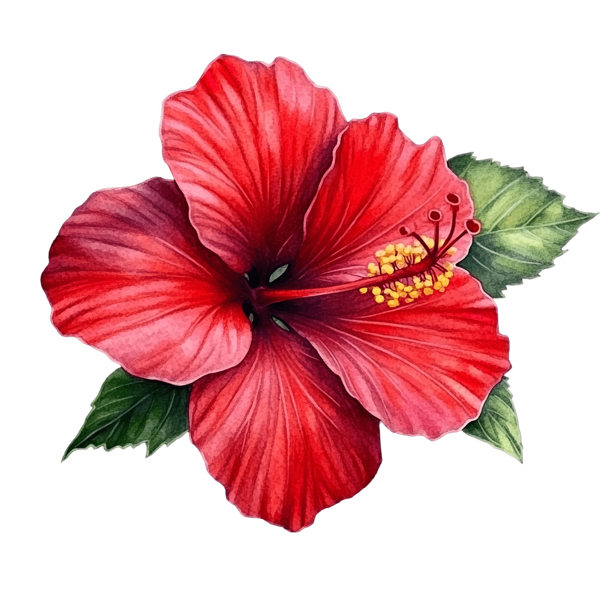 Red hibiscus flower with detailed petals and green leaves on black.
