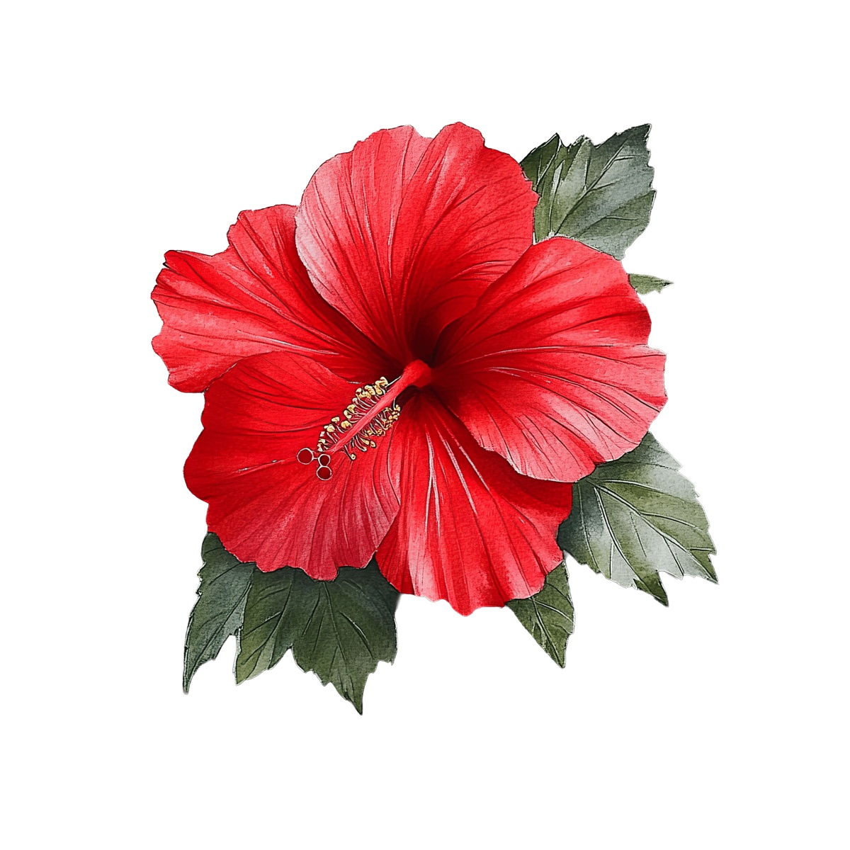 Red hibiscus flower with green leaves on a black background.