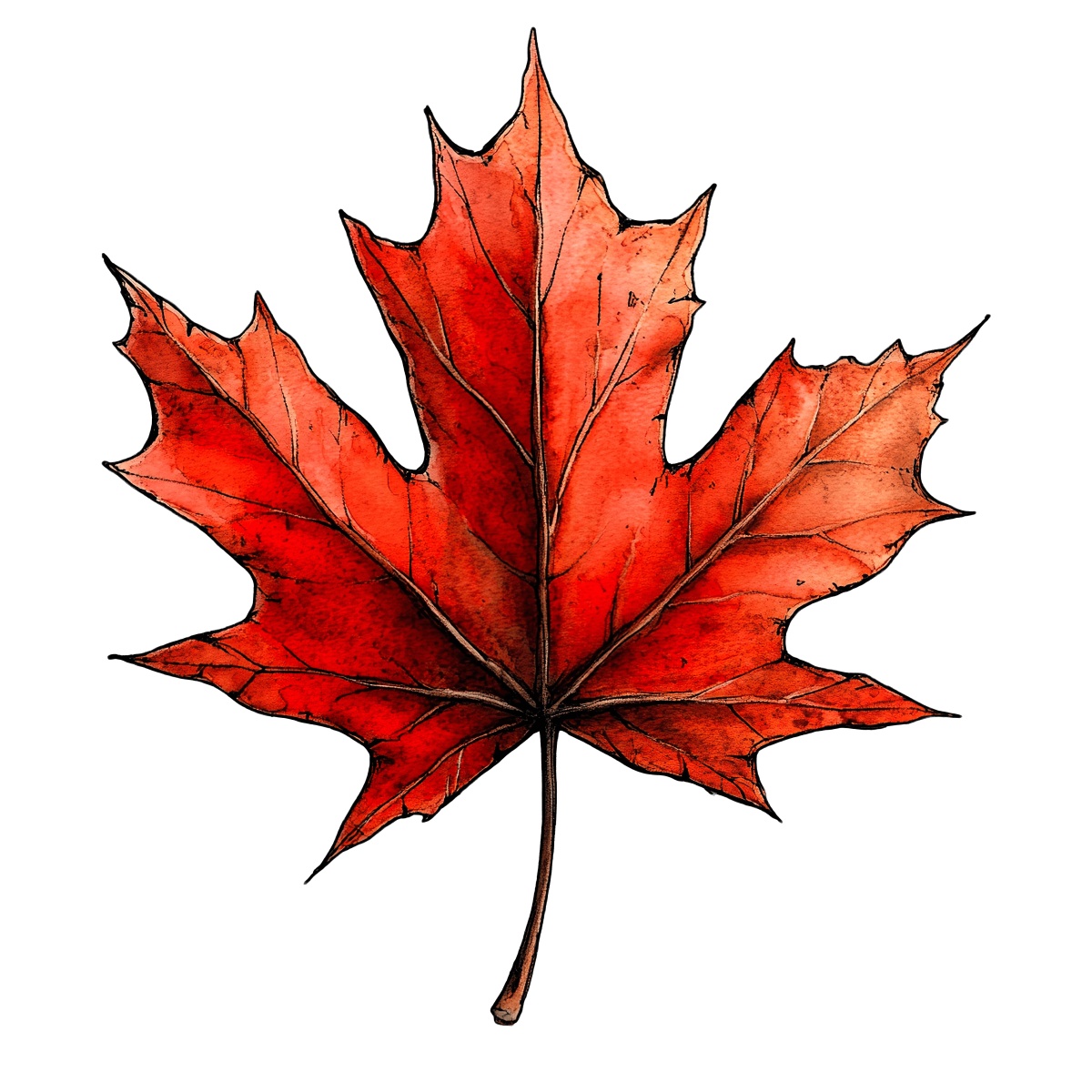 Red maple leaf illustration with detailed veins on a black background.
