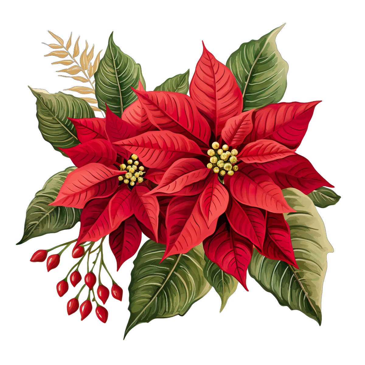 Red poinsettia with green leaves and gold accents for Christmas decoration.