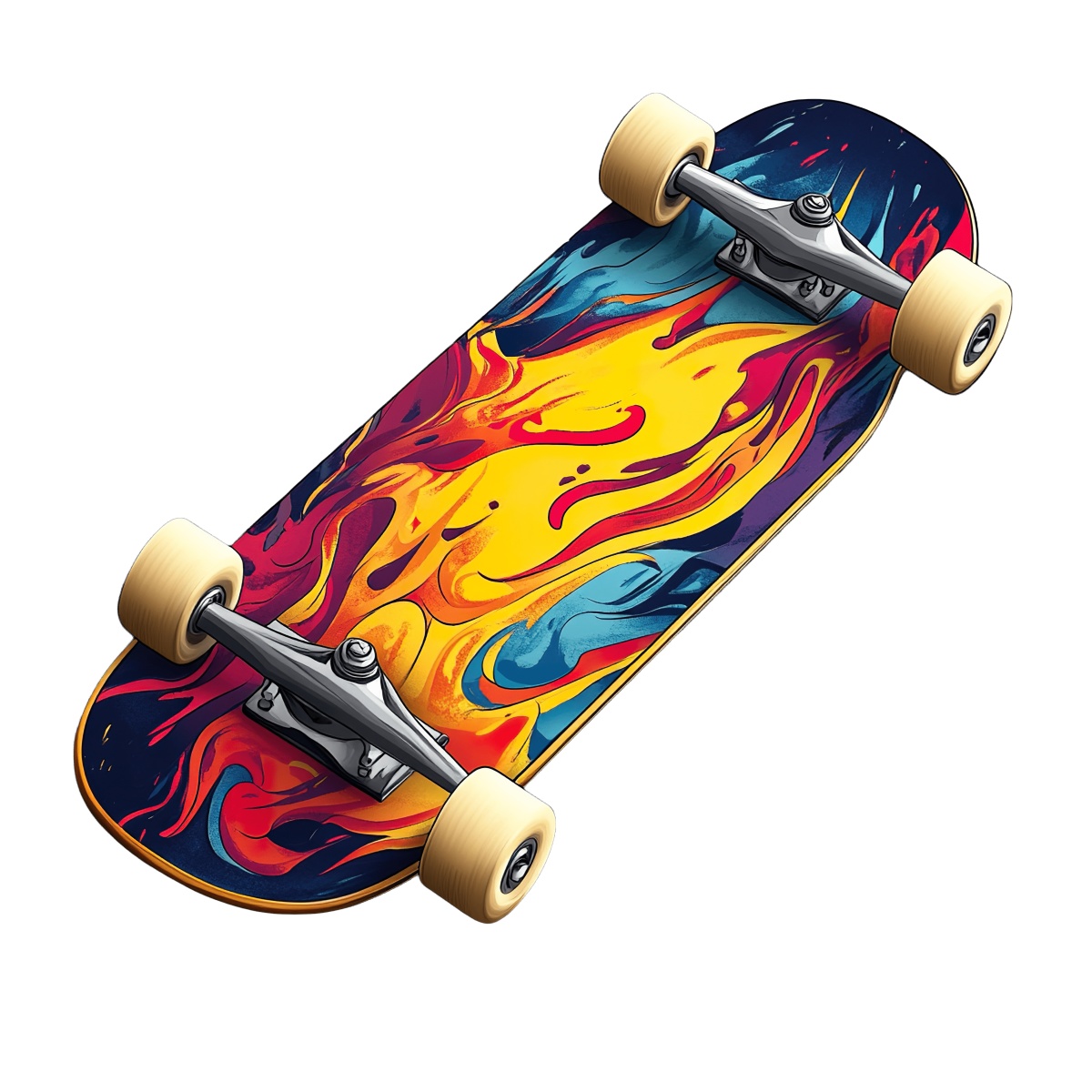 Skateboard with flame design and cream wheels on black surface.