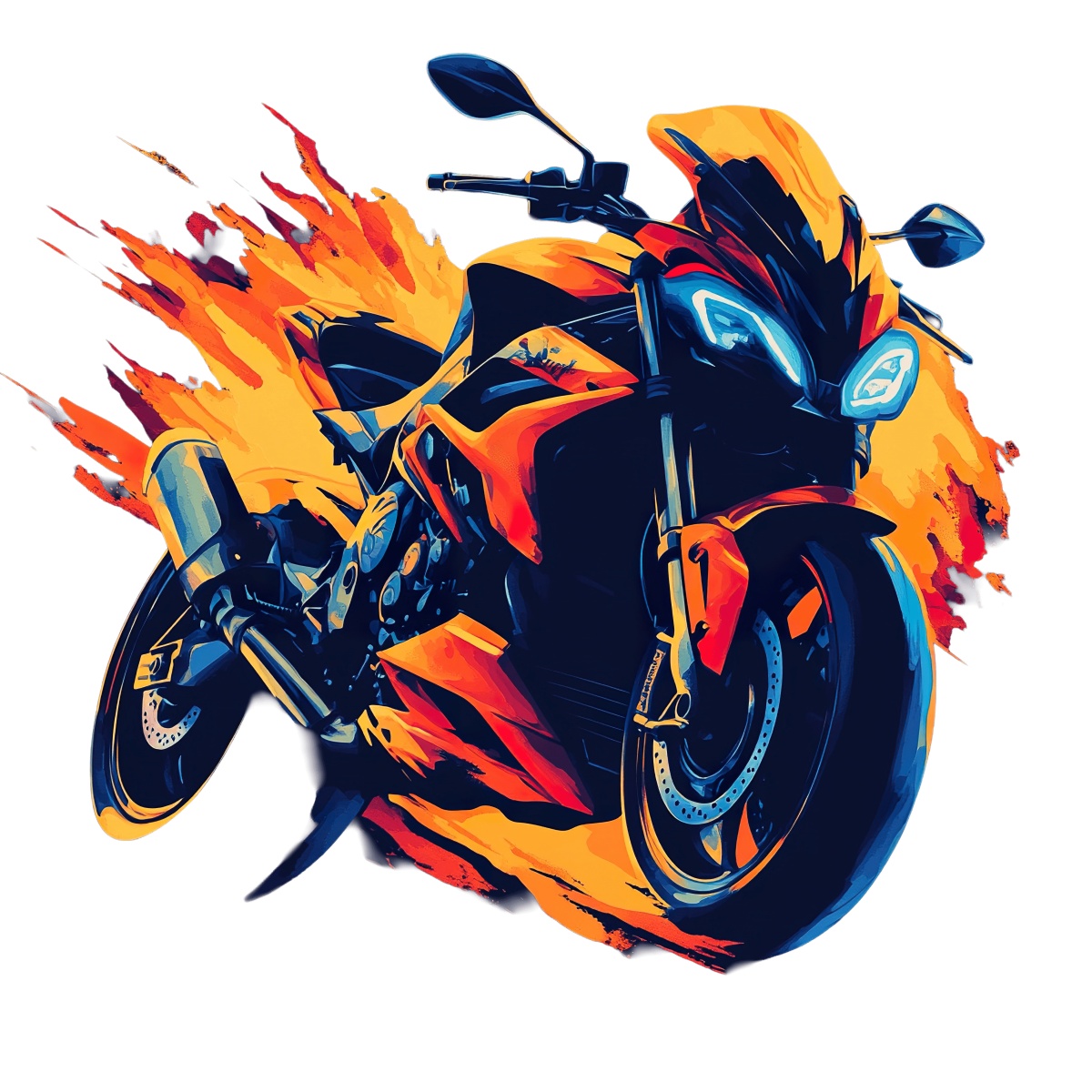 Motorcycle with orange flames and blue highlights in a dynamic illustration.