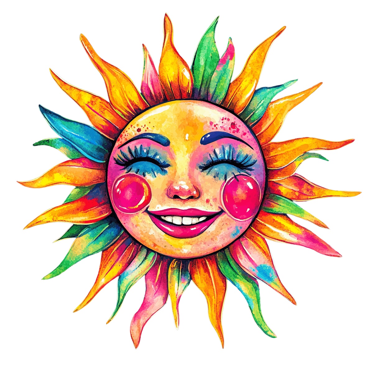 Sun with a smiling face and multicolored rays on a black background.