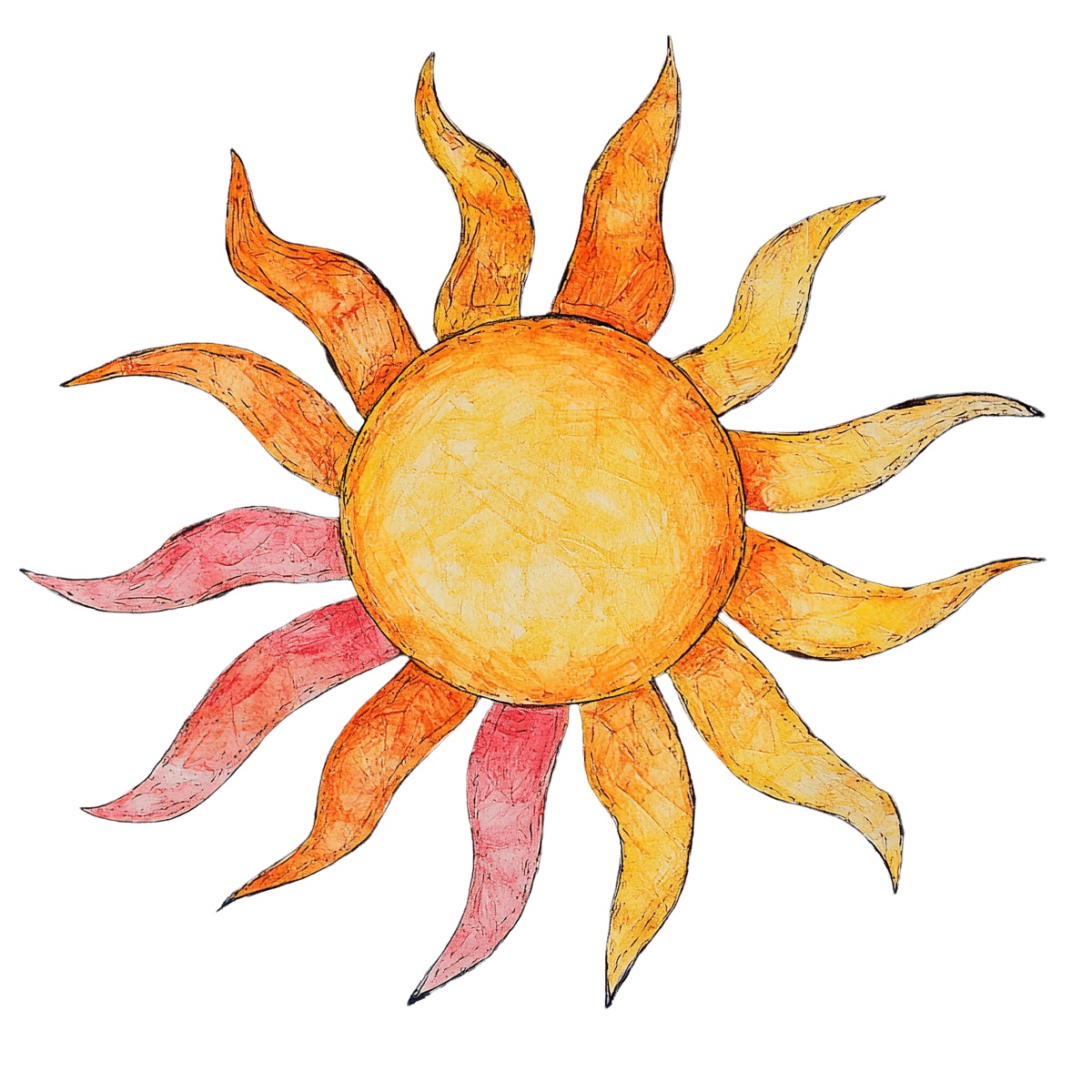 Sun illustration with orange and pink wavy rays on a black background.