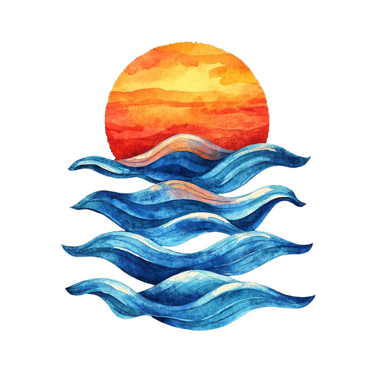Watercolor artwork of a vibrant sunset over rolling blue ocean waves.
