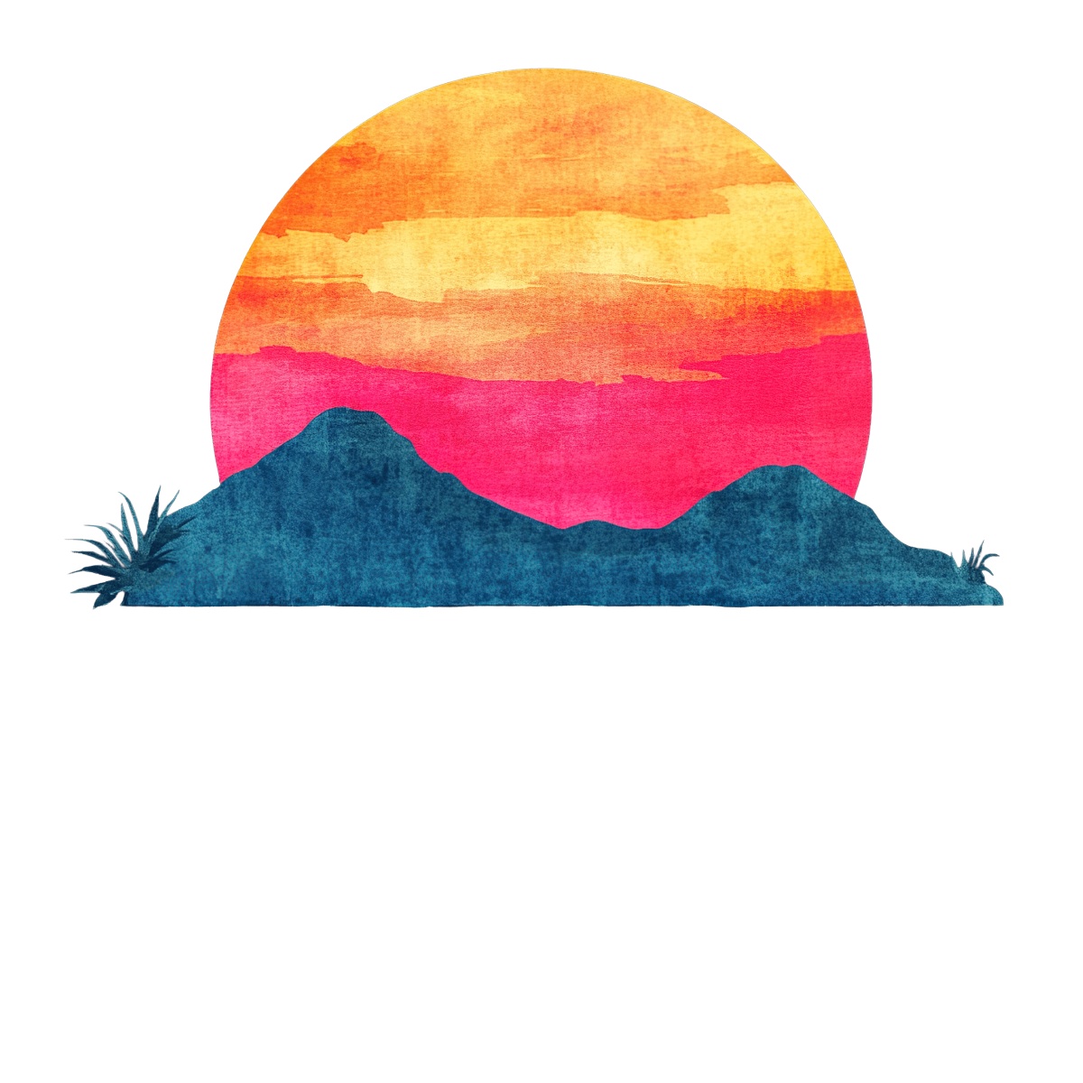 Vibrant sunset with silhouetted mountains and plants in a textured style.