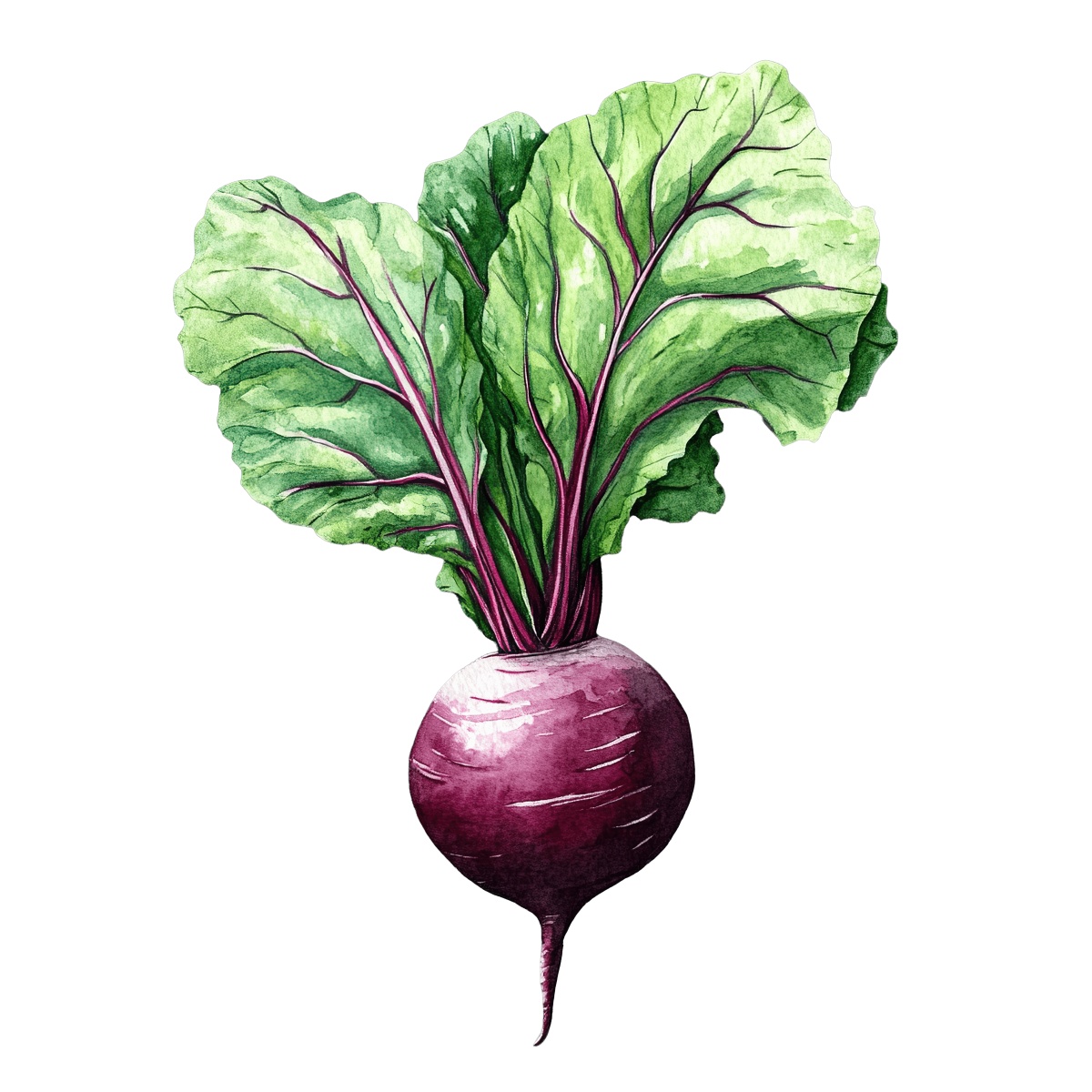 Watercolor beetroot with green leaves and purple root.