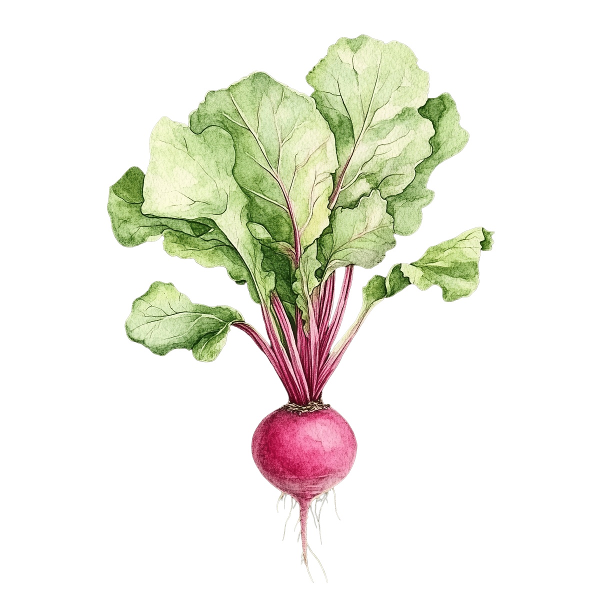 Watercolor beetroot with green leaves.