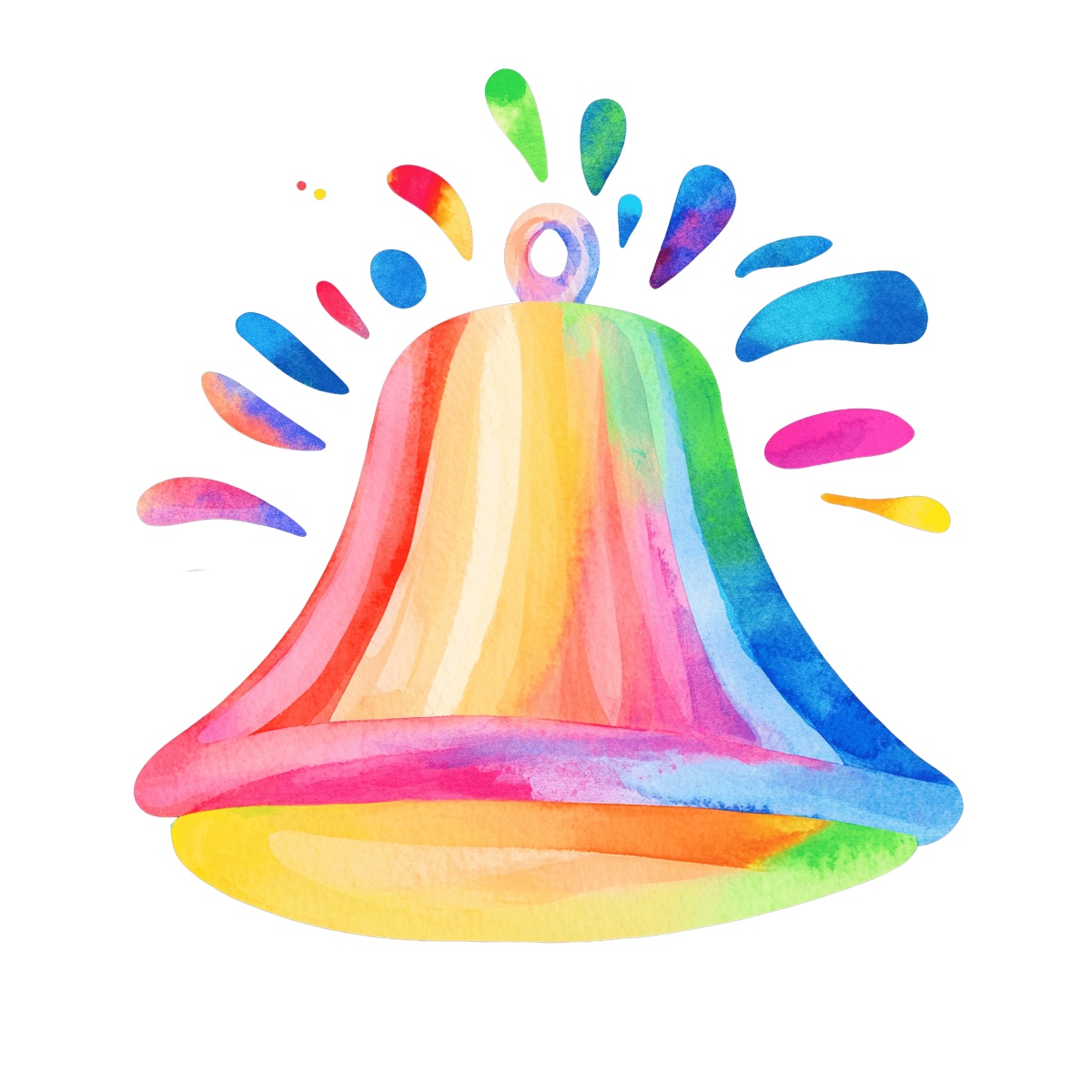 Multicolored watercolor bell with splashes on a black background.
