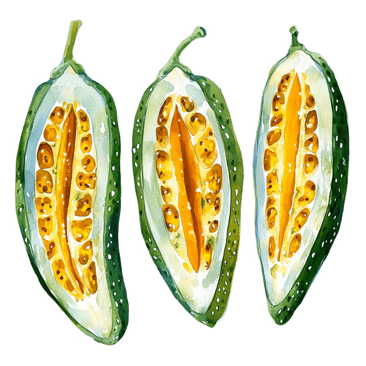 Watercolor bitter melon halves with orange seeds.