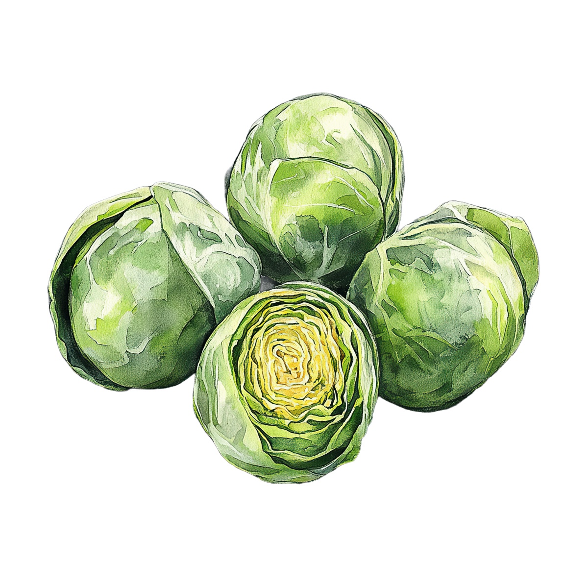 Watercolor Brussels sprouts cluster, showcasing green hues.