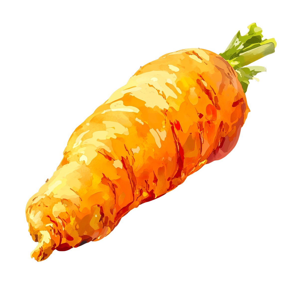 Watercolor carrot with green leaves on a black background.