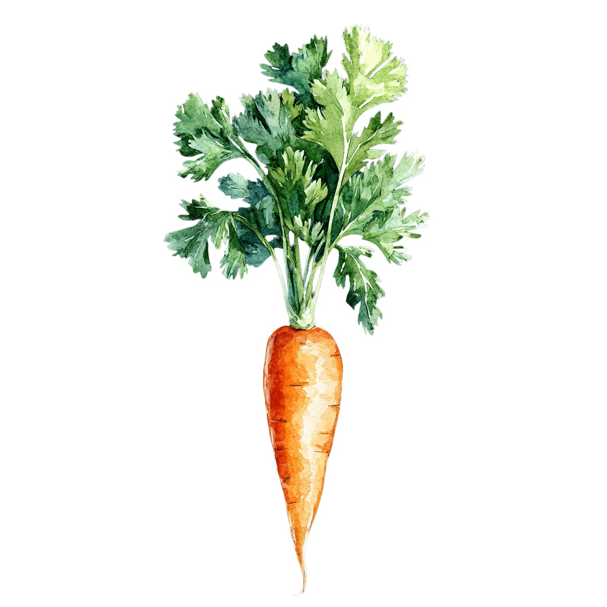 Watercolor carrot with green leaves.