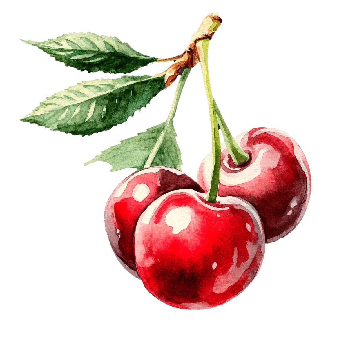 Watercolor cherries with green leaves.