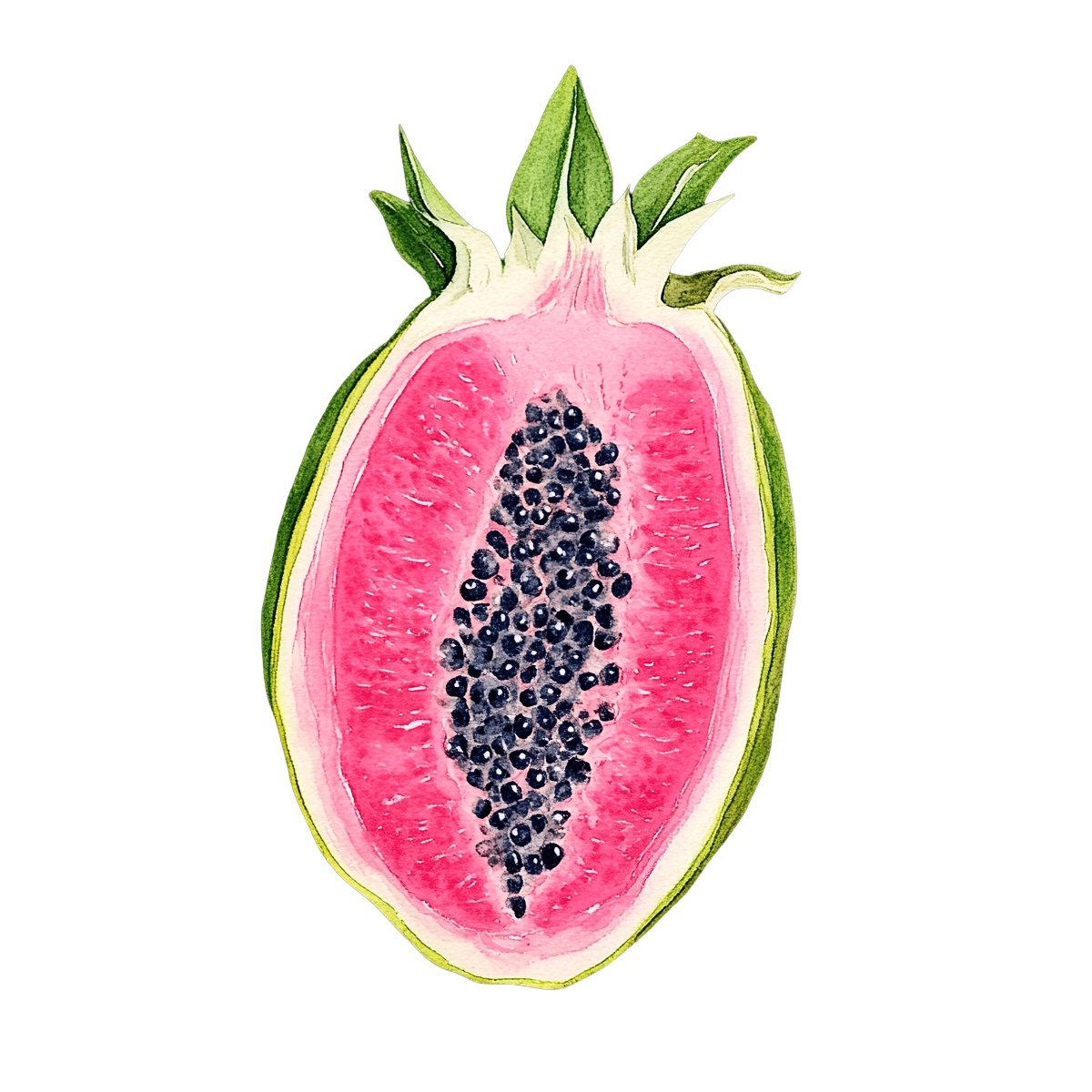 Watercolor dragon fruit slice with black seeds.