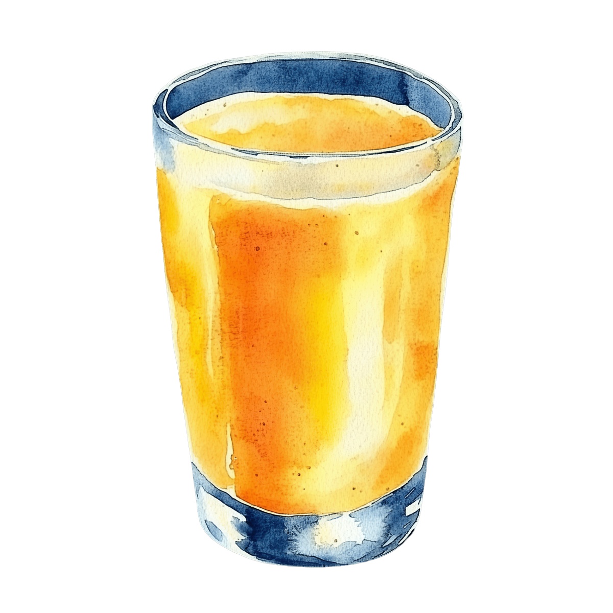 Watercolor image of a glass filled with orange juice on a black background.
