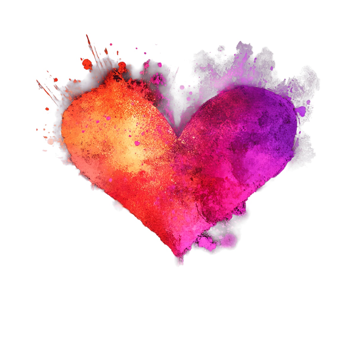 Vibrant watercolor heart with red and purple splatter effect.