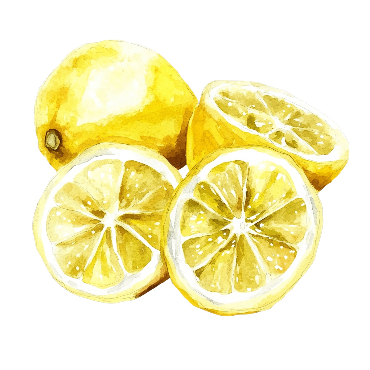 Watercolor lemons and slices on a black background, showcasing citrus fruit.