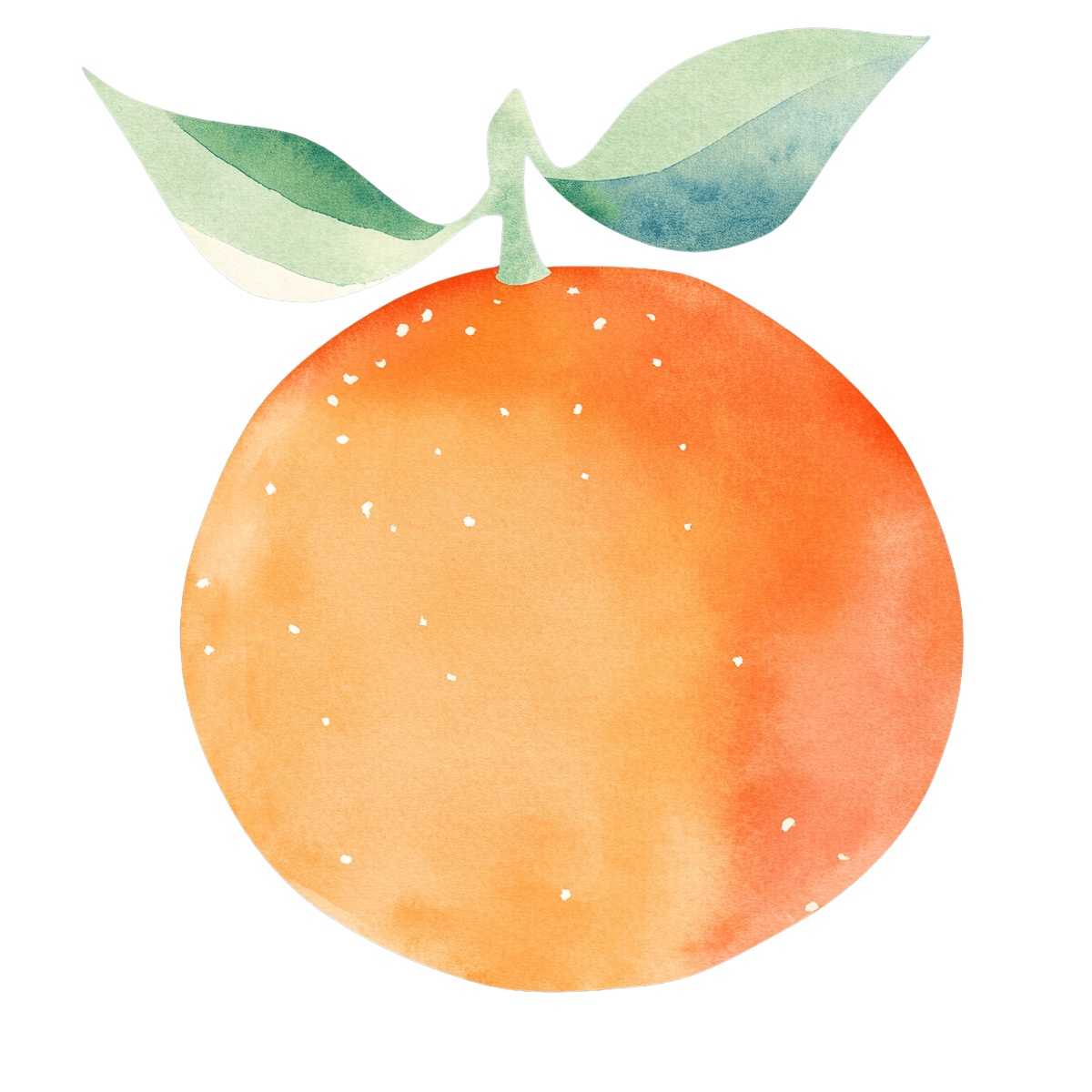 Watercolor orange with green leaves on a black background.